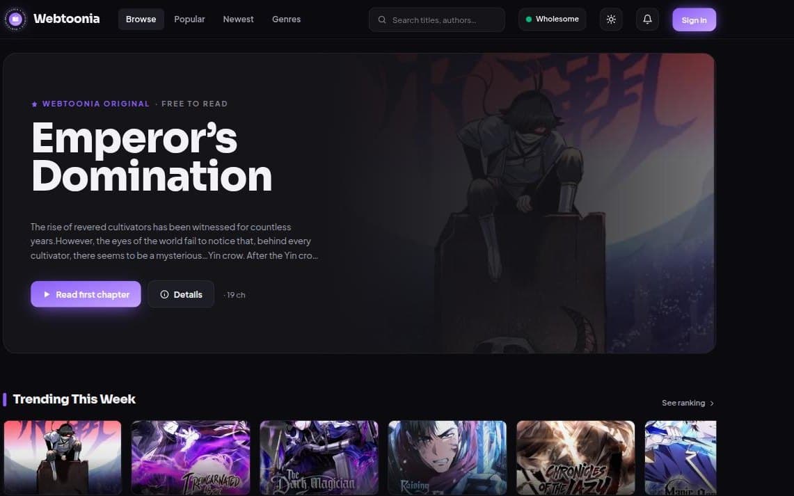 Webtoonia homepage — featured series hero above the trending-this-week row